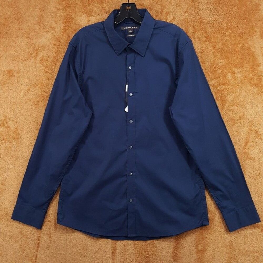 MICHAEL KORS Dress Shirt Mens Large Navy Blue Trim Stretch Tailored Fit